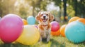 A cheerful dog surrounded by colorful balloons in a park setting Royalty Free Stock Photo