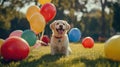 A cheerful dog surrounded by colorful balloons in a park setting Royalty Free Stock Photo
