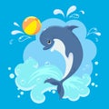 Cheerful dolphin with a ball in a sea wave with splashes