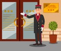 Cheerful doorman standing in front of hotel entrance doors. Young smiling man in uniform. Flat vector design