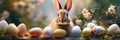 Cheerful Easter Bunny Banner with Colorful Eggs for Spring Celebration, Festive Promotions, copyspace.