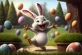 cheerful easter bunny in the garden, falling colored eggs, Generative AI