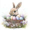 A cheerful Easter scene in watercolor, featuring a bunny in a basket with spring flowers and Easter eggs Royalty Free Stock Photo