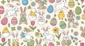 Cheerful Easter Seamless Pattern with Rabbits Eggs Flowers and Chickens for Springtime Design Projects on Beige Royalty Free Stock Photo