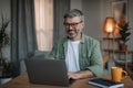 Cheerful elderly european man with beard in glasses watches video lesson, chatting on computer