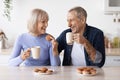 Cheerful elderly man and woman drinking tea at home Royalty Free Stock Photo