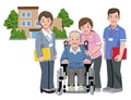 Cheerful elderly person in wheelchair with his nursing caregiver