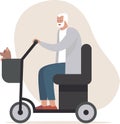 Cheerful elderly senior man driving electric mobility scooter. Old disabled man on power wheelchair strolling with his dog in a Royalty Free Stock Photo