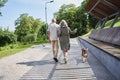 Cheerful elderly twosome walking through the summer park together