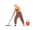 Cheerful elderly woman with mop and bucket, in office cleaning service, janitor uniform washing floor. Professional Royalty Free Stock Photo