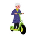 Cheerful elderly woman rides an electric scooter.