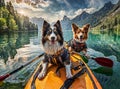 Cheerful and elegant dogs riding a kayak