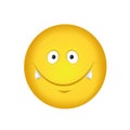 Cheerful emoticon. Smiling face in yellow with vampire fangs. Vector illustration