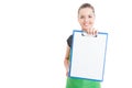 Cheerful employee holding clipboard with blank paper Royalty Free Stock Photo