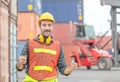 Cheerful engineer man in hard hat celebrating victory, foreman worker raise hands in celebration at container cargo Royalty Free Stock Photo