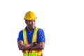 Cheerful engineer shipping company working at the harbor, Factory worker man with clipping path smiling with arms crossed on white