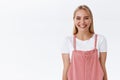 Cheerful, enthusiastic caucasian blond woman in casual outfit give customers sincere friendly smile to brighten up day