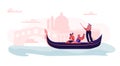 Cheerful Excited Couple in Gondola with Gondolier Floating at Canal Making Photo of Sightseeing at Romantic Journey to Italy