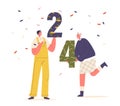 Cheerful Excited Male and Female Characters Holding Giant, Colorful Numbers 24, Signifying Hope And Anticipation