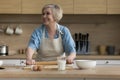 Cheerful excited older baker lady wearing apron, baking dessert