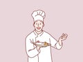 cheerful exited Chef Serving Food Happy Cook Man Holding Plate simple korean style illustration