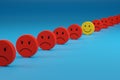 Cheerful face in a row with other angry faces. Positive attitude concept. 3d illustration