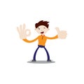 Flat character illustration. Cheerful-faced boy, winking, thumbs up and ok hand signal.