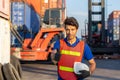 Cheerful factory worker man smiling with giving thumbs up as sign of Success Royalty Free Stock Photo