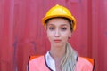 Cheerful factory worker woman in hard hat smiling and looking at camera, Happiness Female engineers for concept Royalty Free Stock Photo