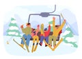 Cheerful Family Characters, Bundled In Winter Gear, Ascend A Snowy Ski Lift With Snow-capped Mountains In The Background