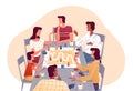A cheerful family plays board games with friends. Joyful men and women sit together at home at the table, talk and drink