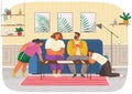 Cheerful family plays cards. Joyful parents and children sit together at couch in living room