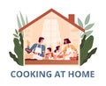 A cheerful family stays at home and cooks in the kitchen together. Parents and children cook pancakes. Homemade food