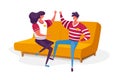 Cheerful Fans Male Female Characters Wearing Sports Club Uniform Giving High Five Sitting on Couch Cheering