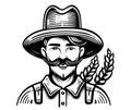 Cheerful farmer in a hat with a mustache on wheat background sketch hand drawn logo