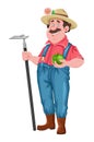 Cheerful farmer with hoe and apple