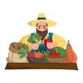 Cheerful farmer in straw hat sells fresh vegetables grown in his vegetable garden.