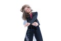 Cheerful fashion model holding hand crossed and dancing, wearing glasses Royalty Free Stock Photo