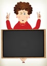 Cheerful fat lady poses peace sign behind blackboard Royalty Free Stock Photo