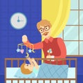 Cheerful Father Entertaining Baby in Cot with Bed Carousel Happy Family Vector Illustration