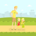 Cheerful Father, Son and Daughter Walking in Park Outdoor with Cityscape Background, Cute Little Kids Eating Ice Cream