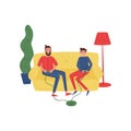 Cheerful father and son playing video game at home. Man and kid sitting on sofa. Fatherhood theme. Flat vector design