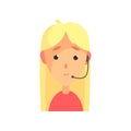 Cheerful female call center agent, online customer support service assistant with headphones, cartoon vector