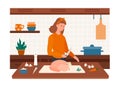 Cheerful female character preparing turkey in the kitchen Royalty Free Stock Photo