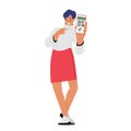 Cheerful Female Character Show Qr Code on Mobile Phone Screen. Young Woman Demonstrate Covid-19 Digital Certificate