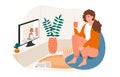 Cheerful female character is sitting with cup and watching television at home