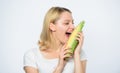 Cheerful female farmer. Farming, farmer girl with maize. corn crop. vitamin dieting food. healthy teeth. hunger Royalty Free Stock Photo