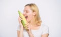 Cheerful female farmer. Farming, farmer girl with maize. corn crop. vitamin dieting food. healthy teeth. hunger Royalty Free Stock Photo