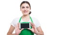 Cheerful female seller showing modern cellphone