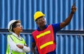 Cheerful female shipping company smiling with arms crossed, worker man point to the sky, with clipping path